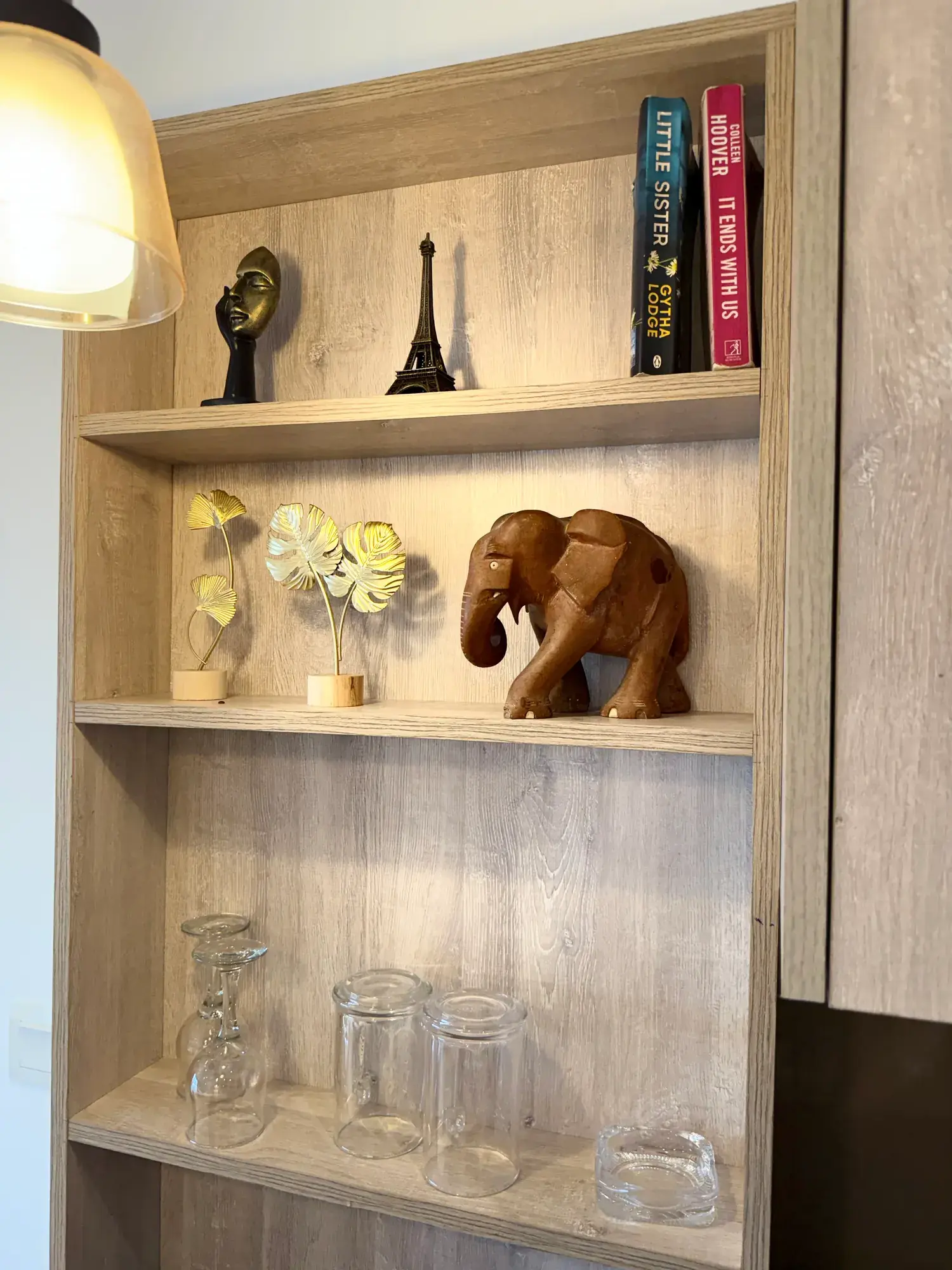 Shelves with glassware and decorations